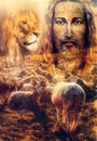 Jesus the good shepherd, Jesus and lambs and lion. Royalty Free Stock Photo