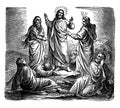 The Transfiguration of Jesus on a Mountain with Peter, James, and John vintage illustration