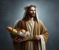 Jesus holding a basket with fish and bread. Biblical artwork featuring fish and bread, symbolizing the miracle of feeding the Royalty Free Stock Photo