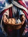 Jesus holding a basket with fish and bread. Biblical-themed artwork featuring fish and bread Royalty Free Stock Photo