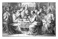 Jesus and the Last Supper. Twelve Disciples or Apostles are Eating Final Meat.Bible, New testament. Vintage Antique Royalty Free Stock Photo