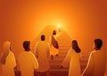 Jesus leads the group of followers with torch to climb the stairs, Jesus is the light of the world Royalty Free Stock Photo