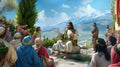 Jesus preaches the word of the Lord to a crowd of believers.