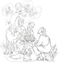 Jesus reading the Bible to children and animals. Coloring page