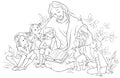 Jesus reading the Bible to Children. Coloring page