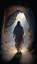 Jesus Rises from the Cave. AI Generative.