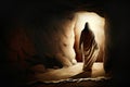 Jesus Rising from The Dead - Sihouetted Figure Leaving Cave Tomb - Generative AI