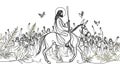 Jesus\' Triumphal Entry in Continuous Line Art: Donkey and Cheering Crowd . Ai image generated.