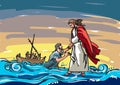 Jesus saving Peter from the sea colour illustration Royalty Free Stock Photo