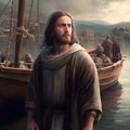 Jesus by the Sea of Galilee. AI Generative.