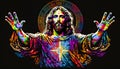 Jesus open arms showing hands, colorful blessing design, Background 4k, printing