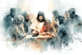Jesus sits and eats at the table with publicans and sinners. Generative AI. Royalty Free Stock Photo