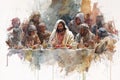 Jesus sits and eats at the table with publicans and sinners. Generative AI. Royalty Free Stock Photo
