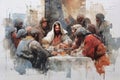 Jesus sits and eats at the table with publicans and sinners. Generative AI. Royalty Free Stock Photo