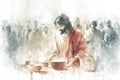 Jesus sits and eats at the table with publicans and sinners. Generative AI. Royalty Free Stock Photo