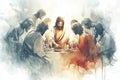 Jesus sits and eats at the table with publicans and sinners. Generative AI. Royalty Free Stock Photo
