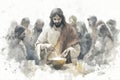 Jesus sits and eats at the table with publicans and sinners. Generative AI. Royalty Free Stock Photo