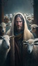 Jesus in the Entrance of a Village with animals. AI generative.