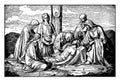 Jesus is Taken Down from the Cross and is Attended by Mary, Joseph of Arimathaea, and Nicodemus vintage illustration