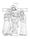 Jesus Taken Down from Cross with Mary John the Apostle and Joseph of Arimathea Medieval Style Line Art Drawing