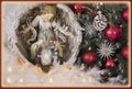 Jesus,virgin mary josef and angel statue decorated with branch ,ornaments ,cornpine and father Royalty Free Stock Photo