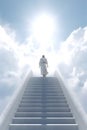 Jesus walking up Stairway podium leading to the heavenly sky towards the glowing end clouds skies landscape. Christian