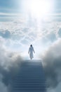 Jesus walking up Stairway podium leading to the heavenly sky towards the glowing end clouds skies landscape. generative ai Royalty Free Stock Photo