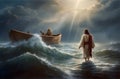 Jesus walks on water across the sea and calms the storm
