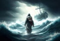 Jesus walks on water across the sea towards a boat illustration. Ai generative