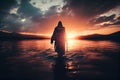 Jesus walks on water against the backdrop of a beautiful sunset.generative ai