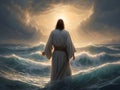 Jesus walks on water in the sea during storm