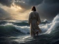 Jesus walks on water in the sea during storm