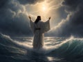 Jesus walks on water in the sea during storm