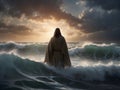 Jesus walks on water in the sea during storm