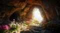 Jesus's resurrection from the tomb in photorealistic detail, focusing on the rocky interior devoid of flowers or