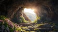 Jesus's resurrection from the tomb in photorealistic detail, focusing on the rocky interior devoid of flowers or