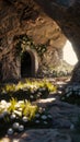 Jesus's resurrection from the tomb in photorealistic detail, focusing on the rocky interior devoid of flowers or