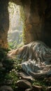 Jesus& x27;s resurrection from the tomb in photorealistic detail, focusing on the rocky interior devoid of flowers or