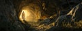 Jesus's resurrection from the tomb in photorealistic detail, focusing on the rocky interior devoid of flowers or