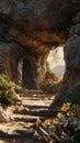 Jesus's resurrection from the tomb in photorealistic detail, focusing on the rocky interior devoid of flowers or