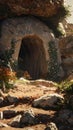 Jesus's resurrection from the tomb in photorealistic detail, focusing on the rocky interior devoid of flowers or