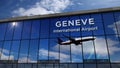 Airplane landing at Geneve mirrored in terminal