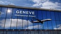 Airplane landing at Geneve mirrored in terminal
