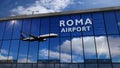 Airplane landing at Roma mirrored in terminal