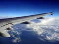 Jet Aircraft Wing, Blue Sky and White Clouds Royalty Free Stock Photo