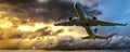 Jet Airliner Flying in a yellow coloured cumulus cloudy sky. Royalty Free Stock Photo