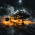 Jet airliner on illuminated runway at night, illuminated by bright lights, AI-generated. Royalty Free Stock Photo