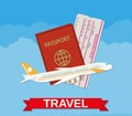 Jet airliner, passport, boarding pass ticket