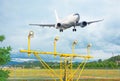 Airfield lights in the alignment of the airport runway, course glide path navigation system of jet plane airliners