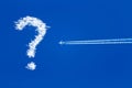 Jet airplane on blue sky, question mark in the sky Royalty Free Stock Photo